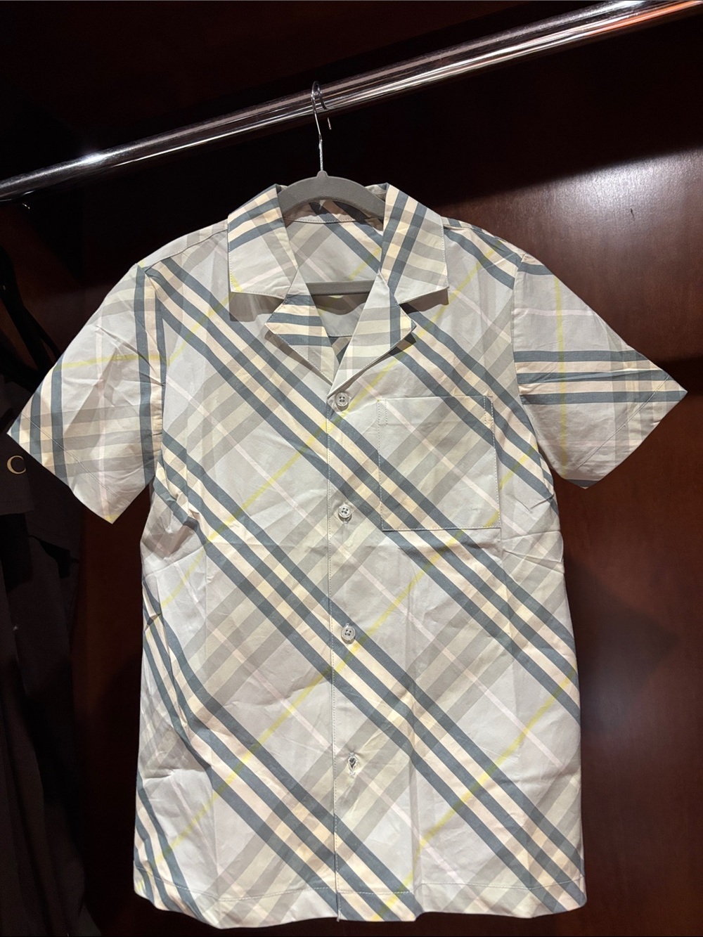 Burberry Cream Plaid Short Sleeve Button-Front Shirt
